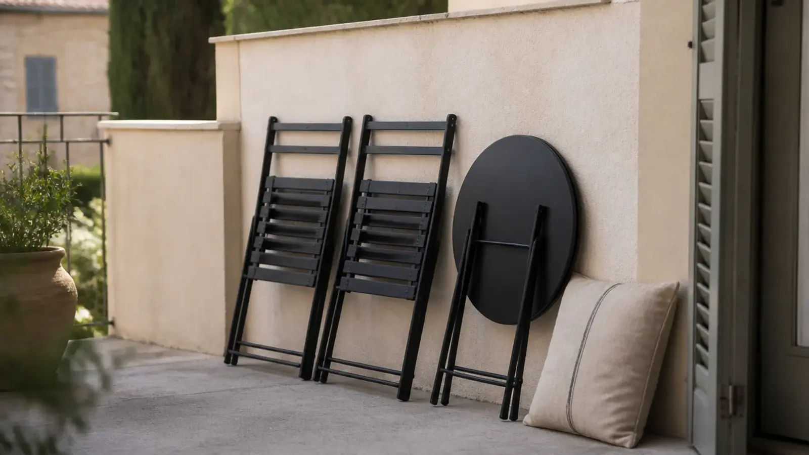 folding metal bistro chairs stacked flat against a cream balcony wall