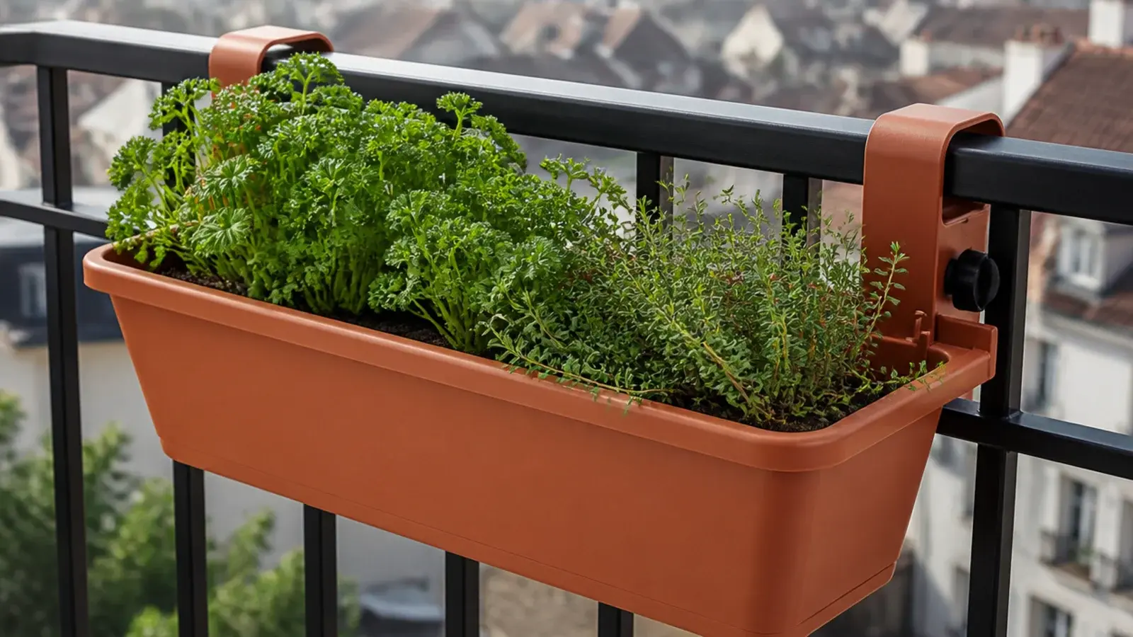 hook over rail planter of herbs sitting inside an apartment balcony railing
