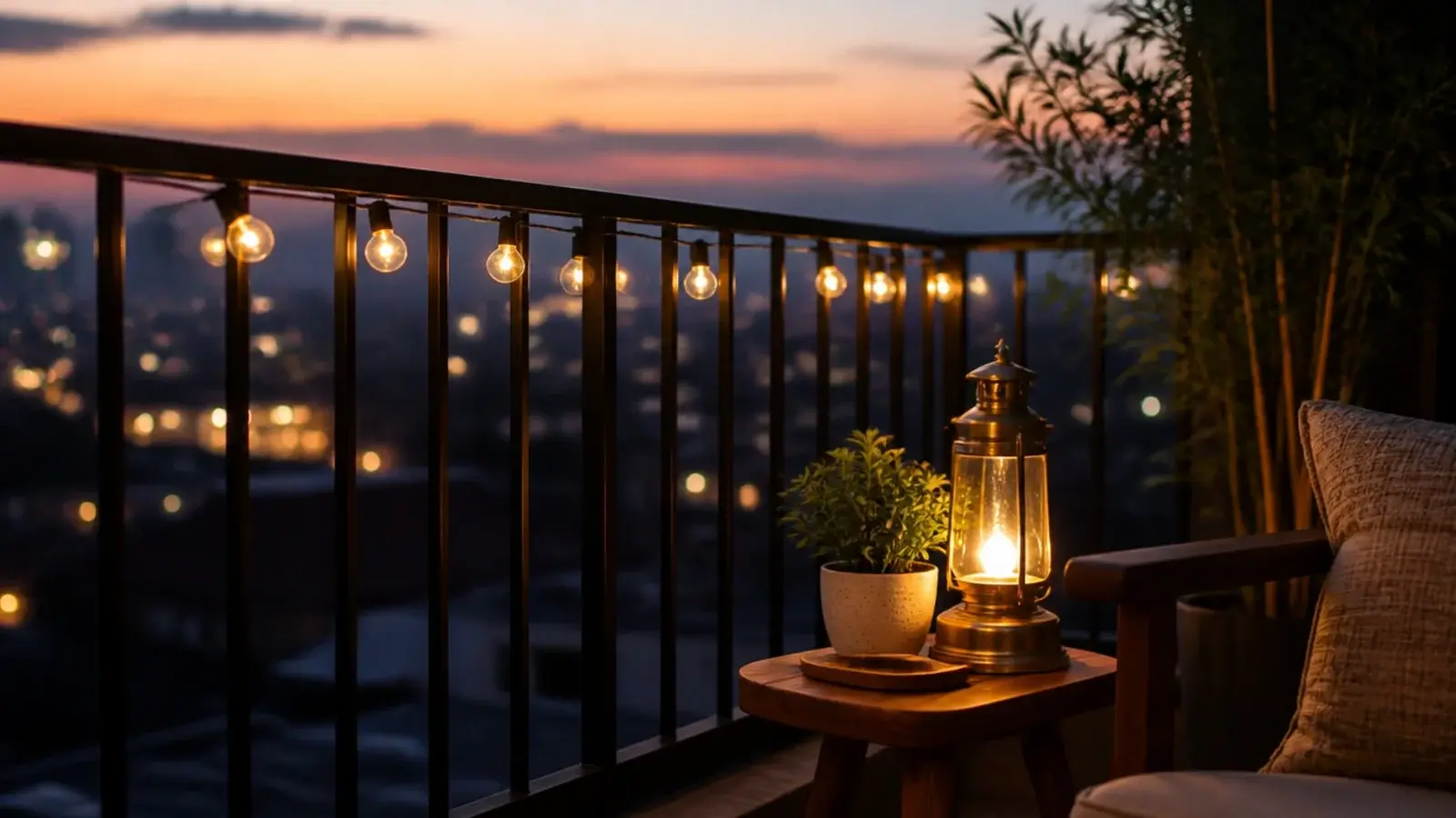 warm solar string lights threaded inside a balcony railing at dusk