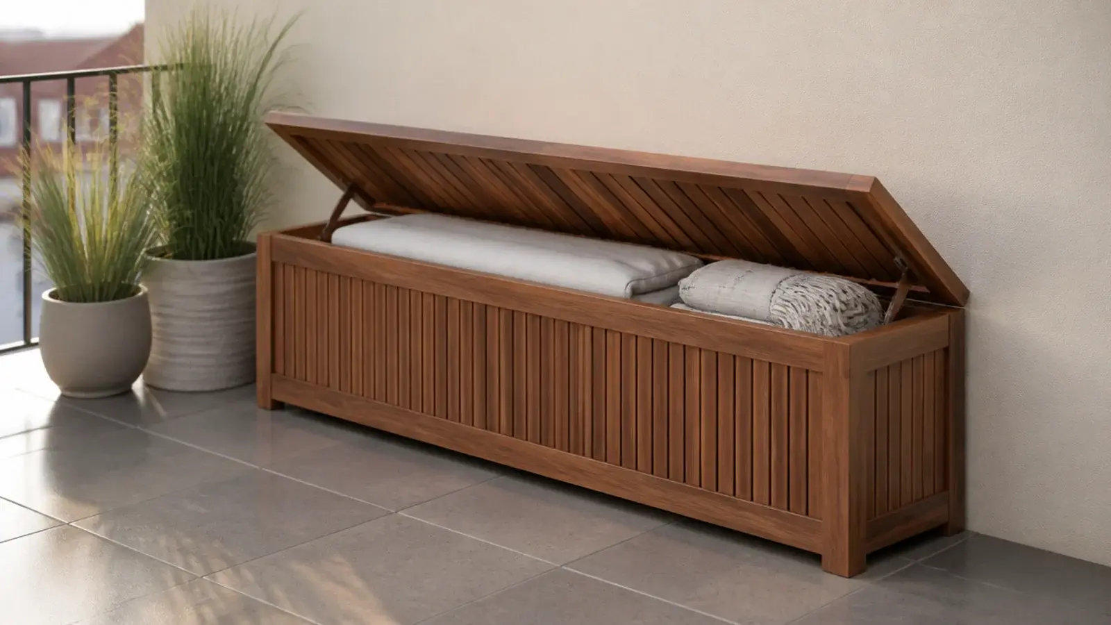 narrow lidded storage bench with linen cushions on a small balcony