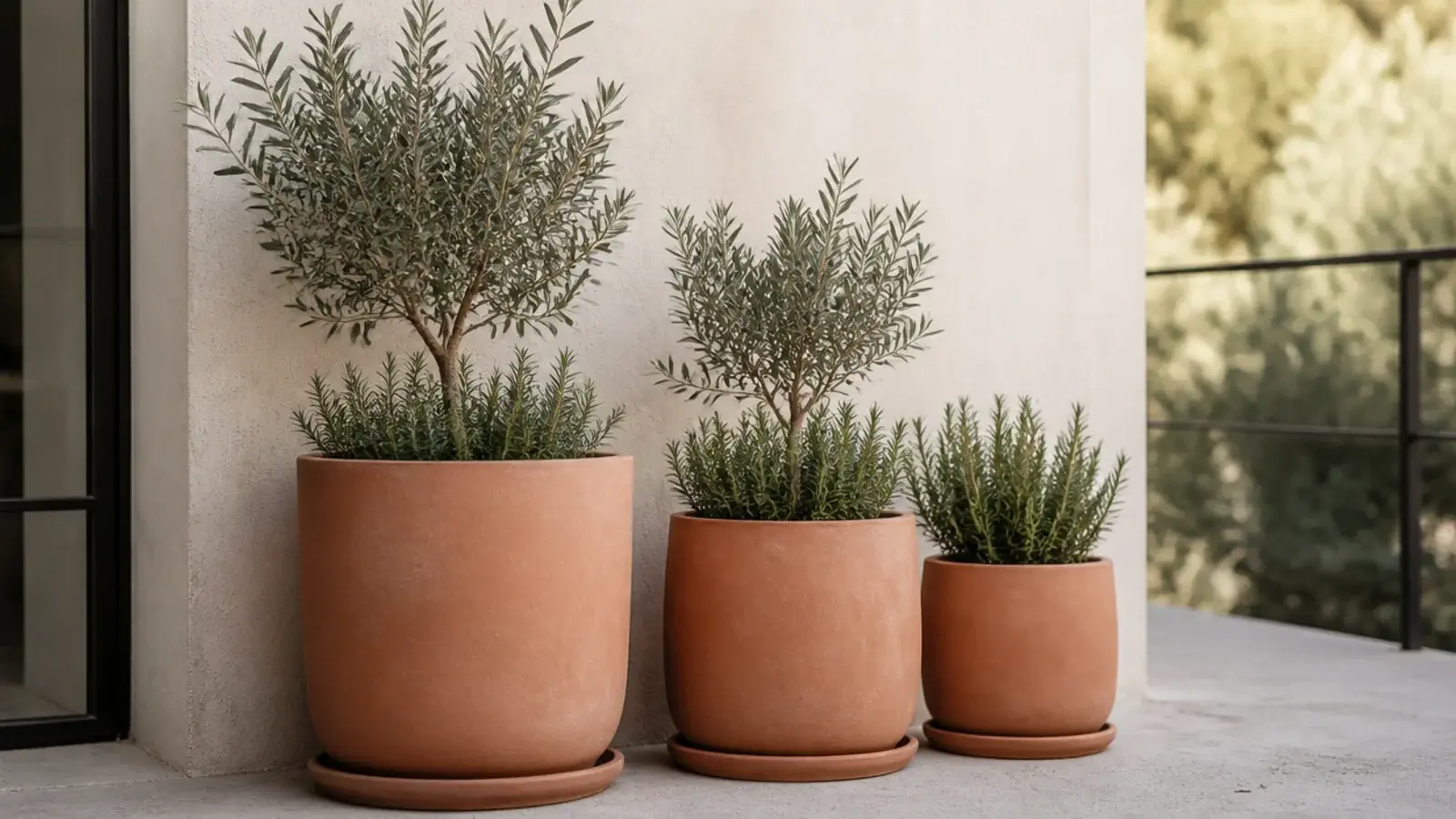 cluster of large terracotta pots arranged along an apartment balcony wall