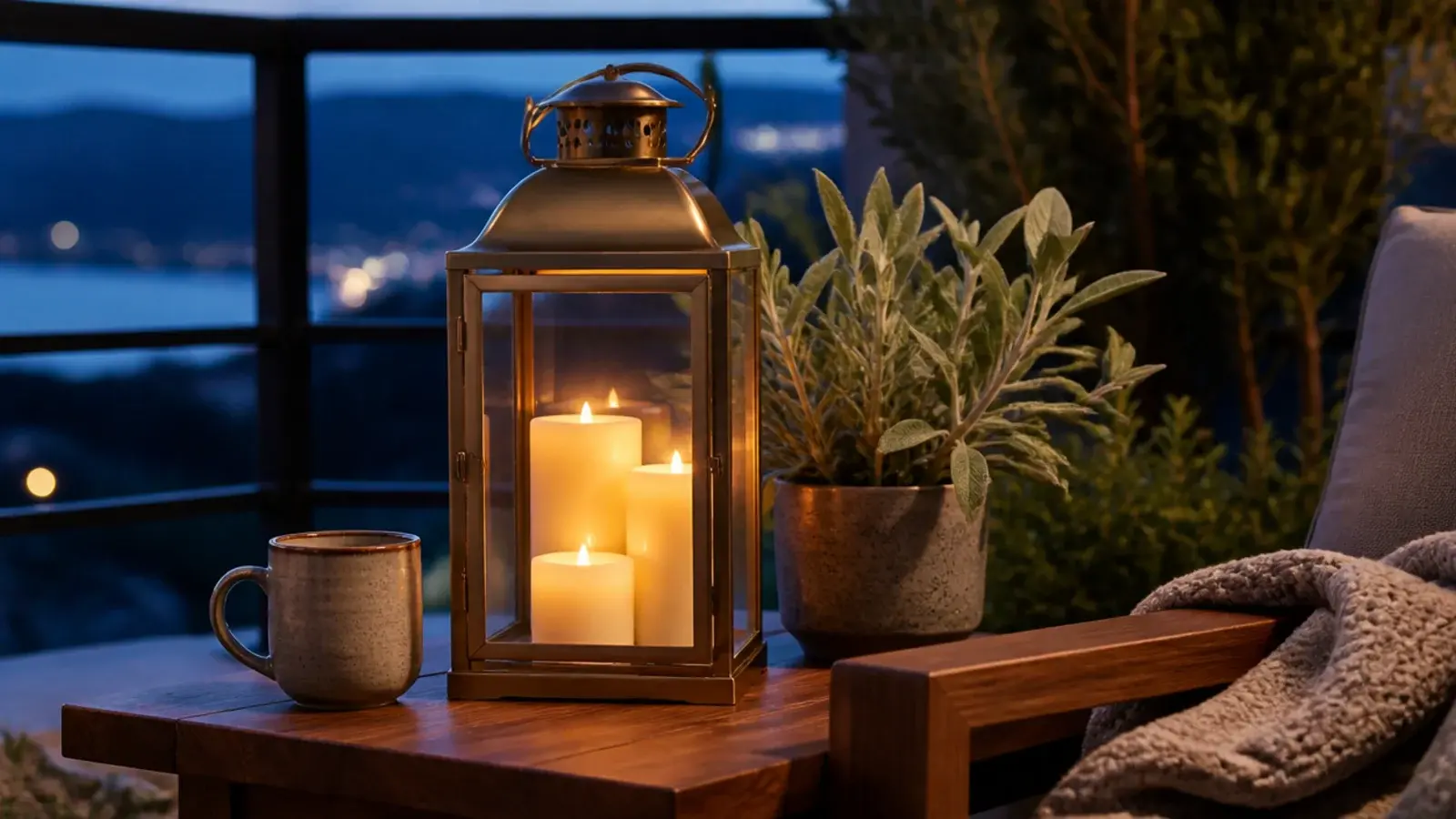flameless LED pillar candles glowing in a brass lantern on a balcony