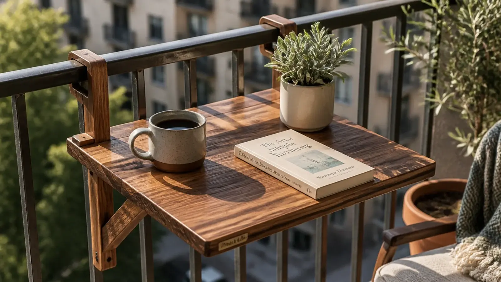 folding wooden balcony table set for coffee beside a metal railing