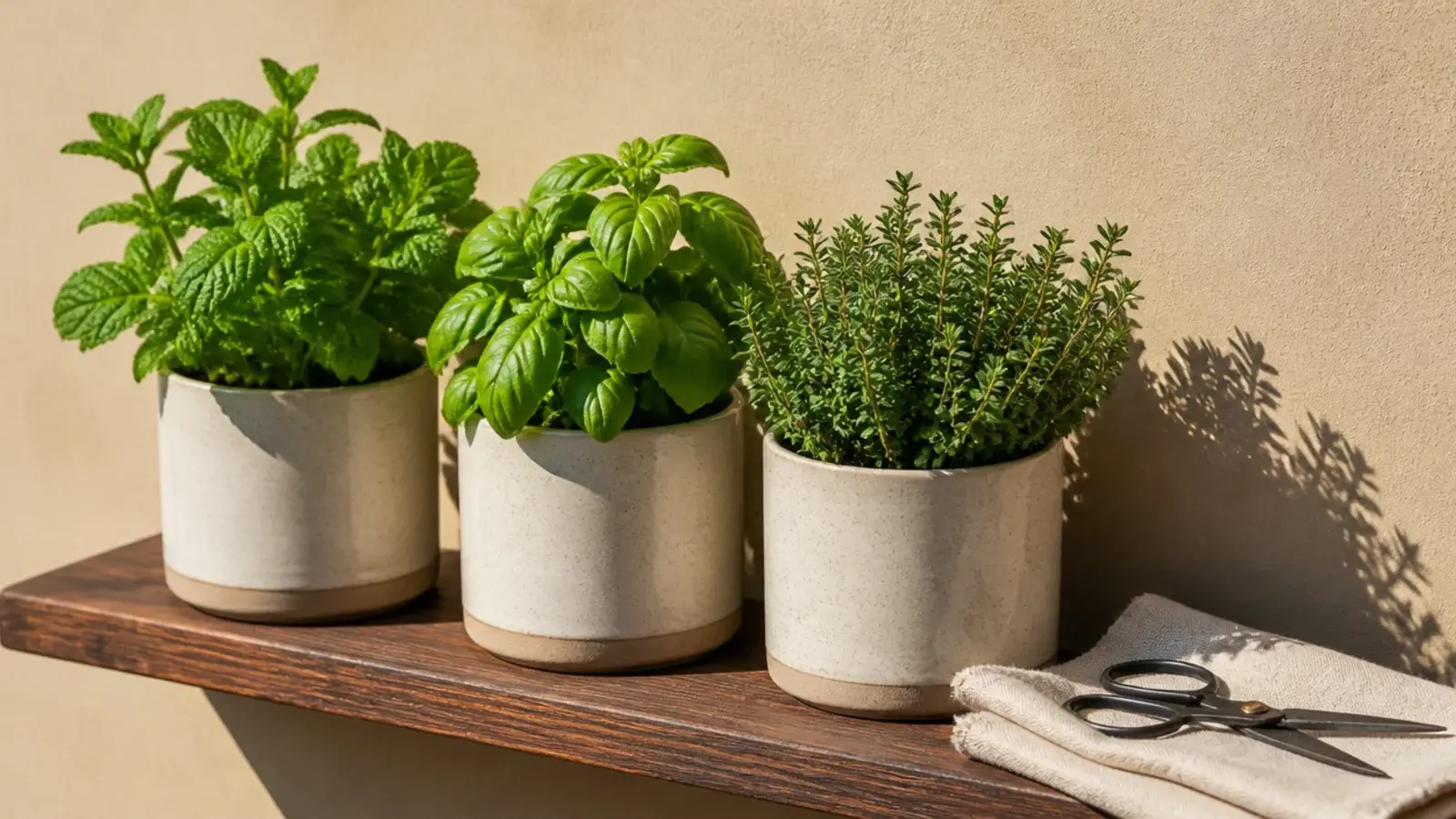 three herb pots of mint basil and thyme on a sunny balcony shelf