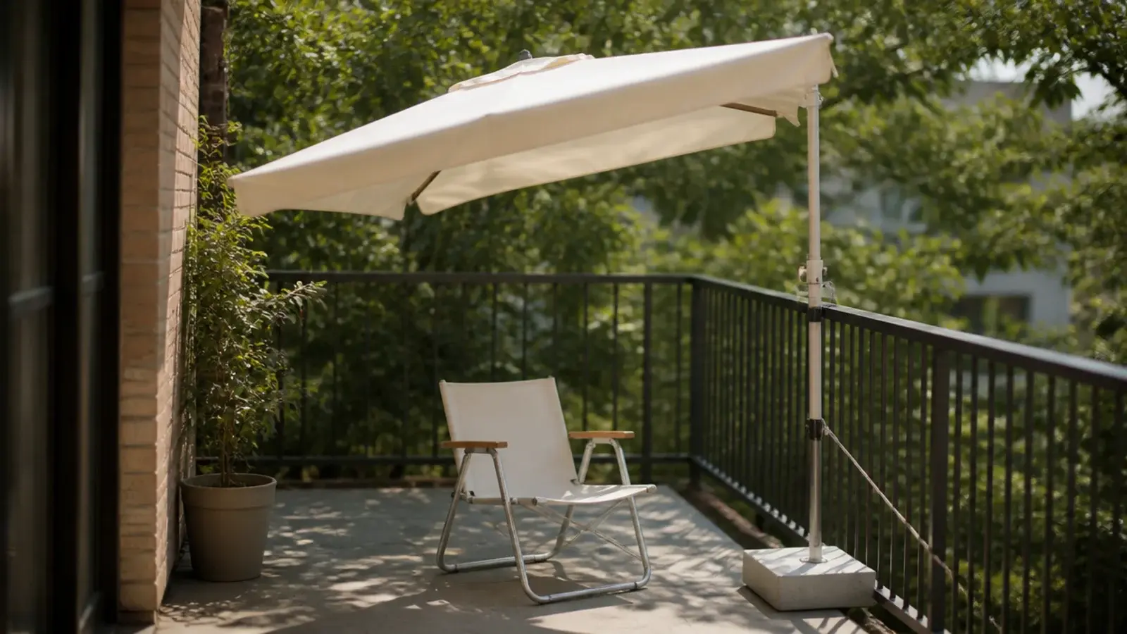 small clamp umbrella shading a balcony chair with a weighted base