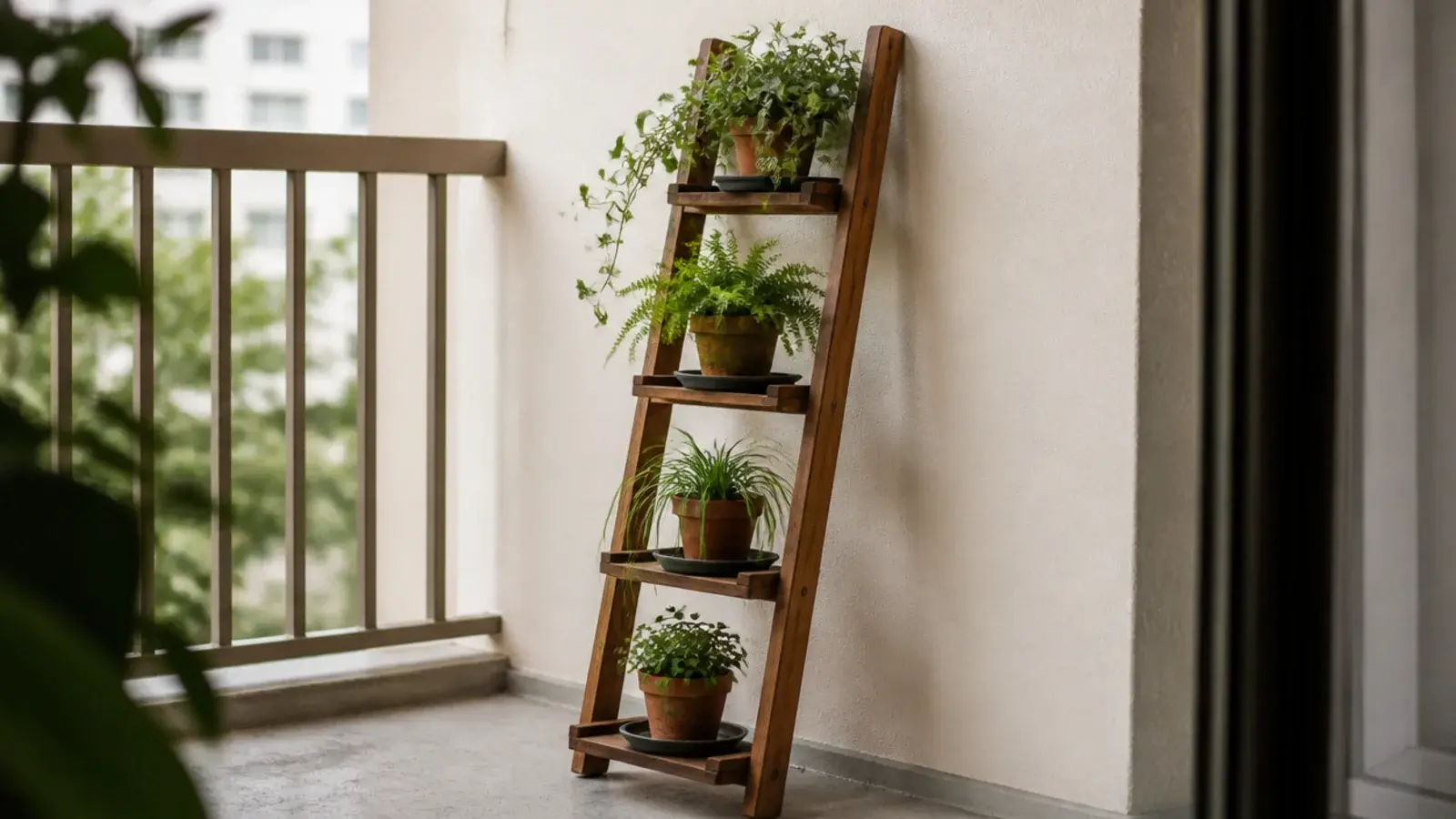wooden ladder plant stand holding trailing greenery on a narrow balcony