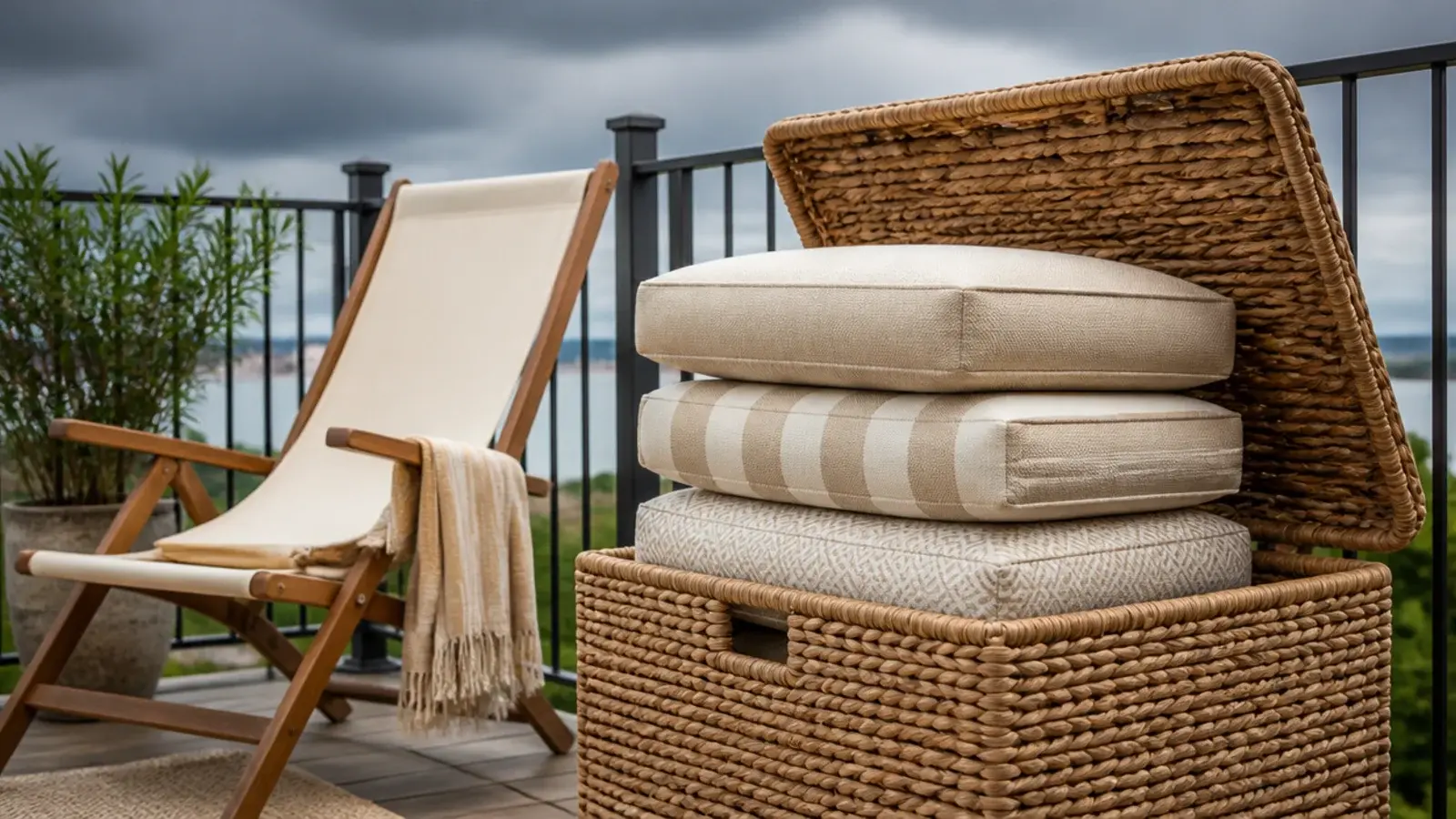 linen look outdoor cushions stacked in a lidded basket on a balcony