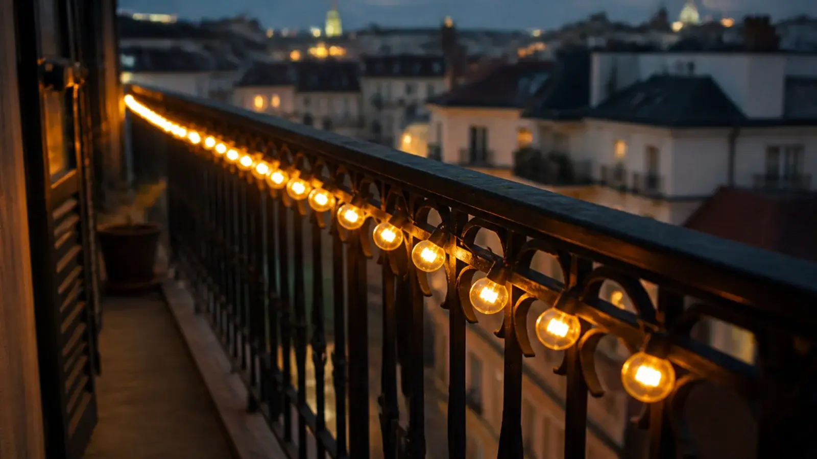 thirty foot solar strand of warm bulbs threaded inside a balcony balustrade