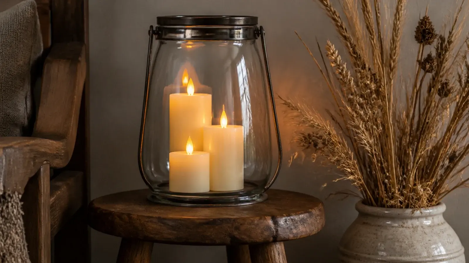 three flameless LED pillar candles flickering in a glass storm lantern
