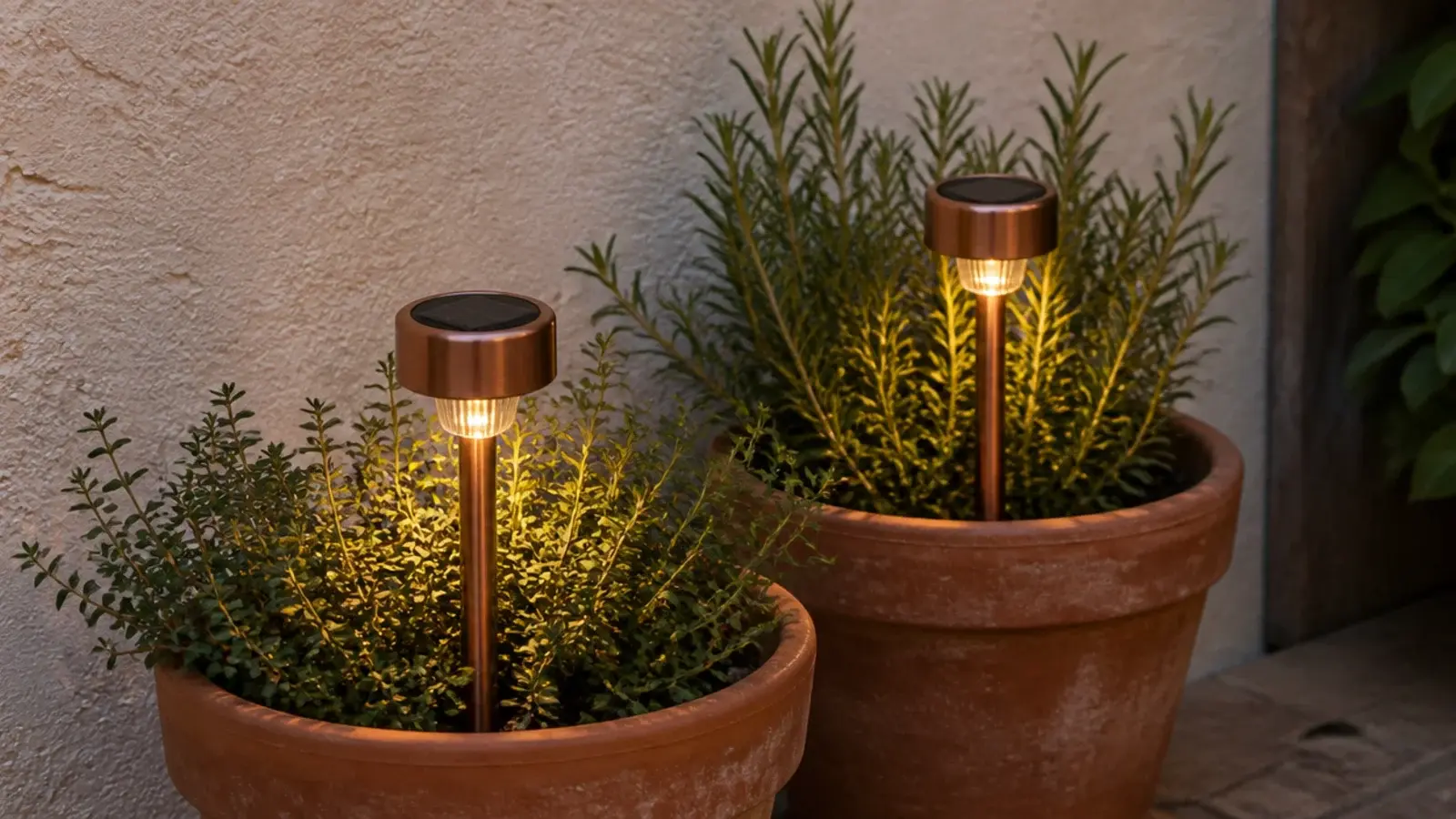 small solar stake lights glowing among herbs in terracotta balcony pots