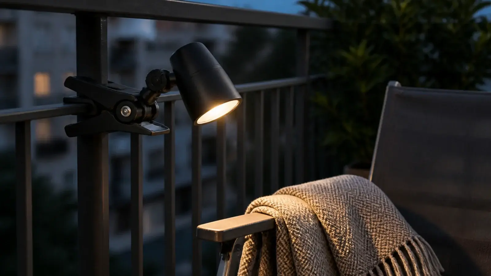 small clamp light gripping the inside of an apartment balcony railing