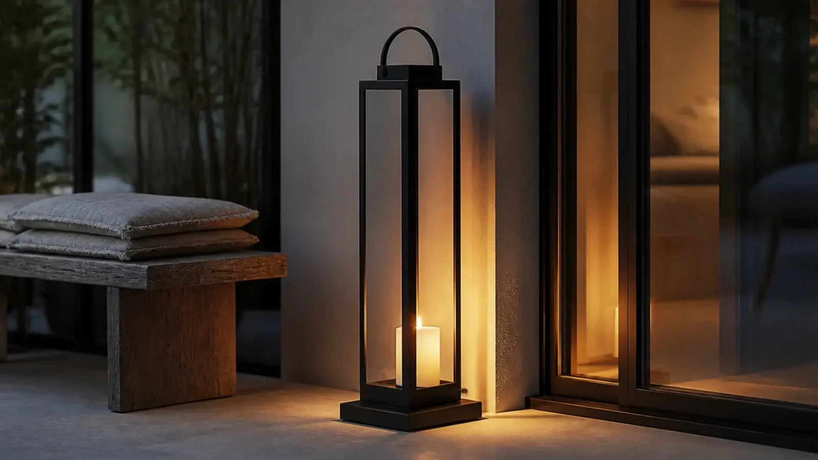 tall weighted floor lantern standing beside balcony sliding glass doors