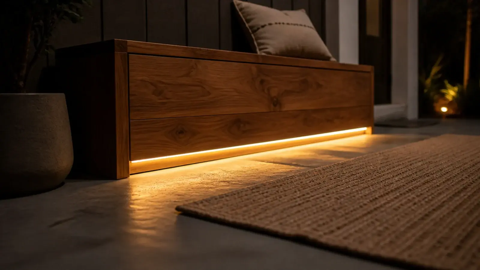 warm LED strip hidden under a balcony storage bench casting floor glow