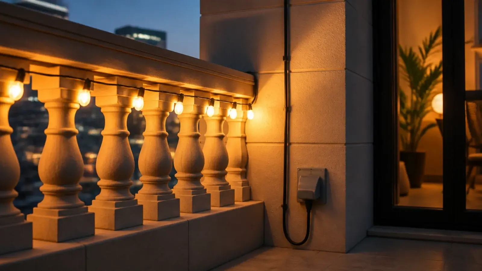 outdoor rated plug in string lights running along an inner balcony rail