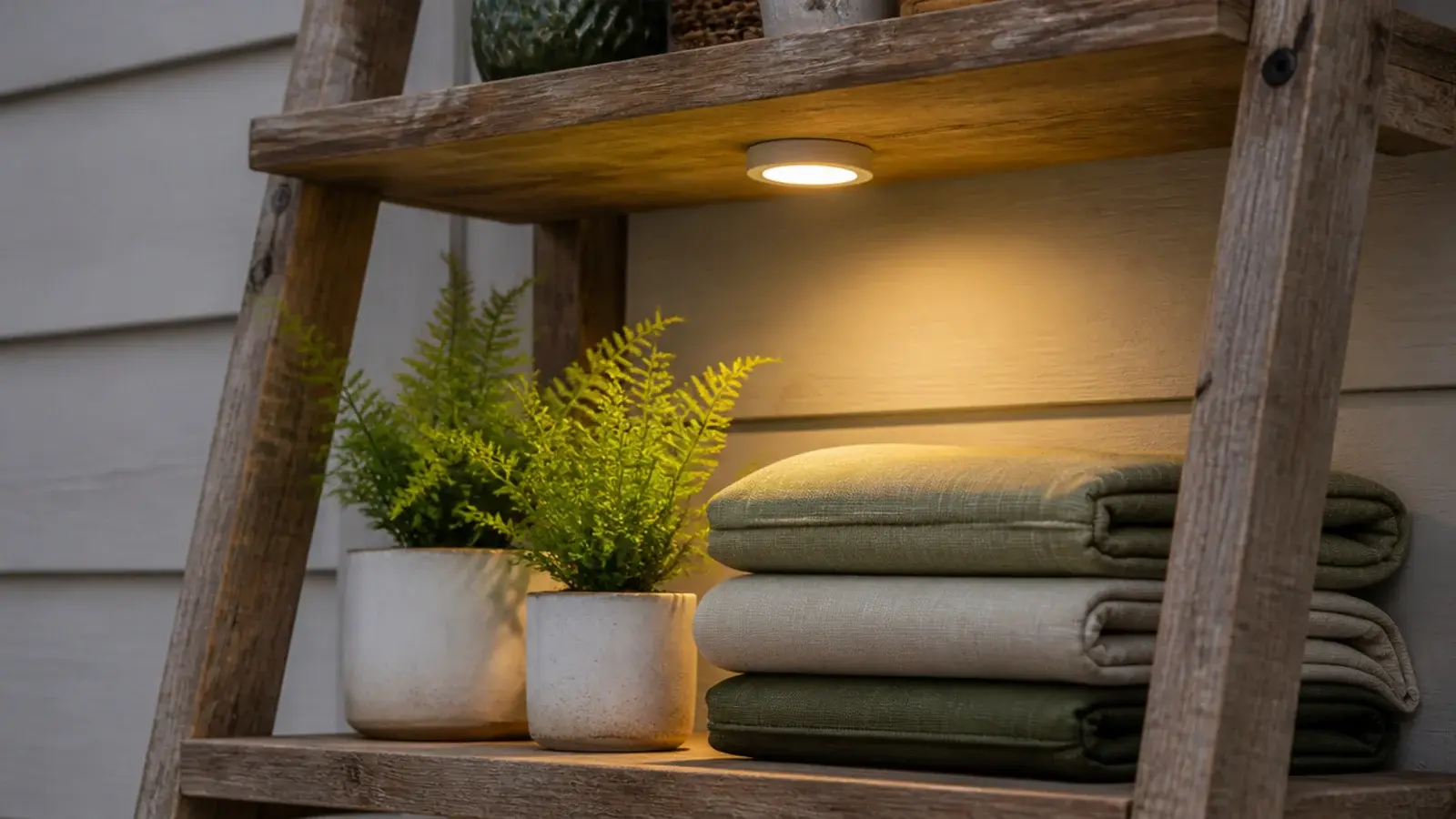 puck light stuck under a leaning balcony shelf lighting potted plants