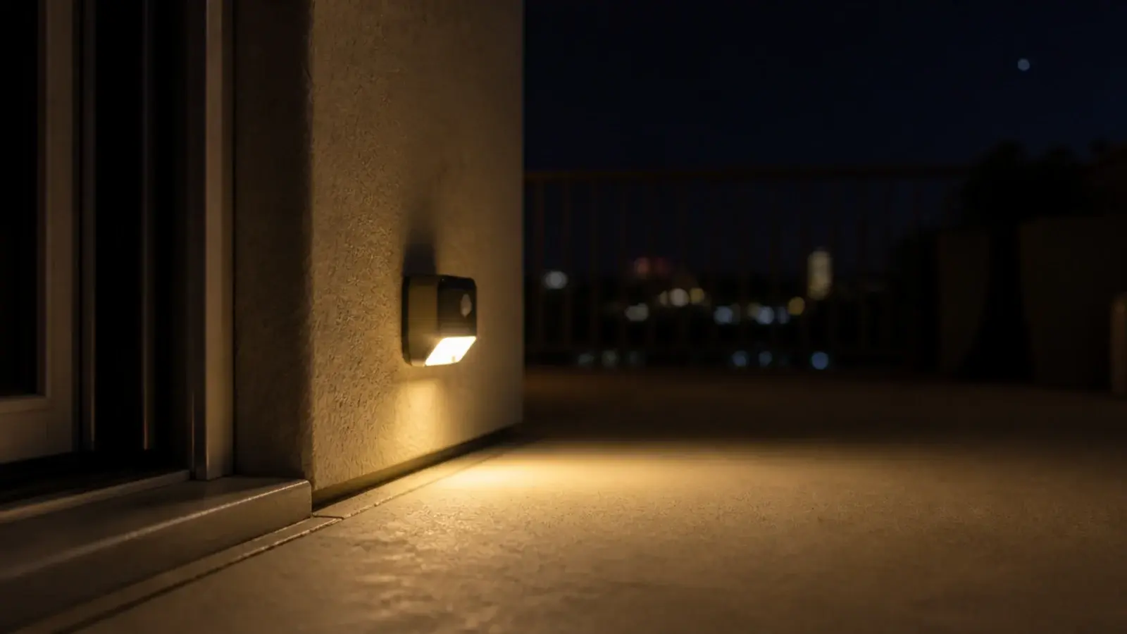 small motion sensor light glowing near a balcony sliding door threshold