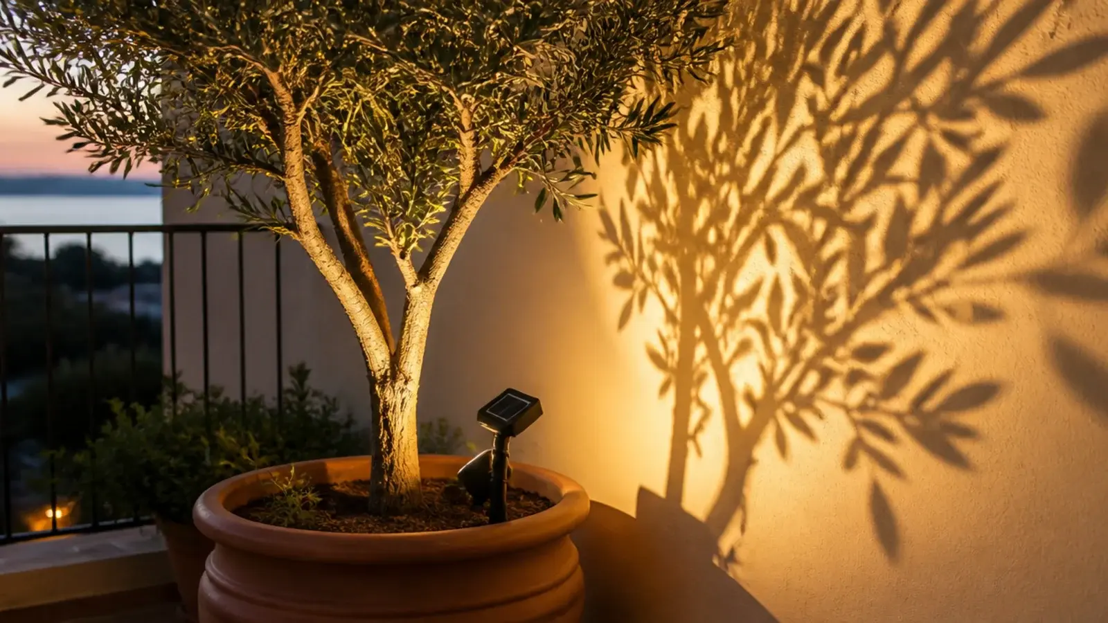 single solar uplight casting leaf shadows on a cream balcony wall