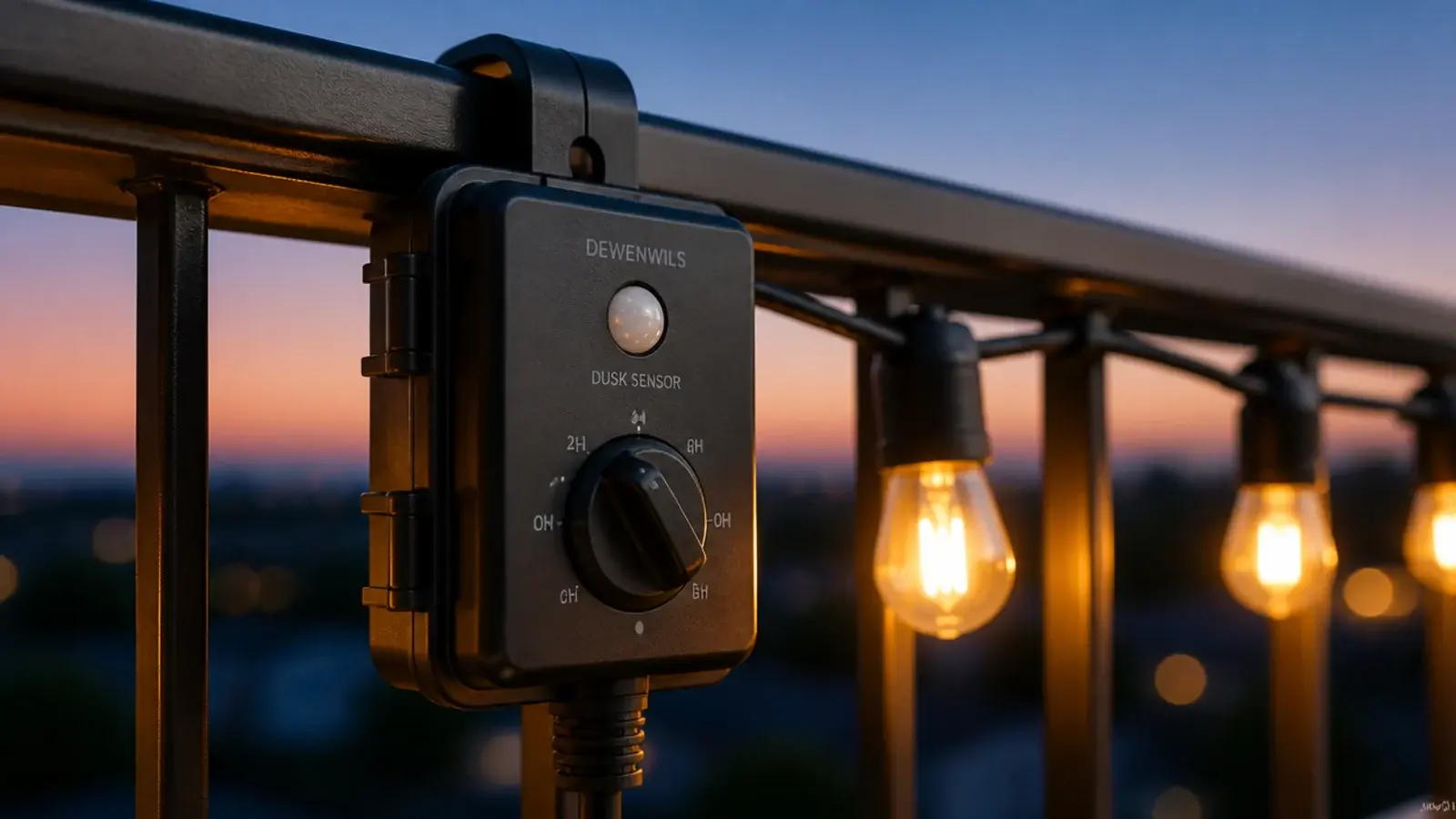 dusk sensor switch on a solar balcony light control box at twilight