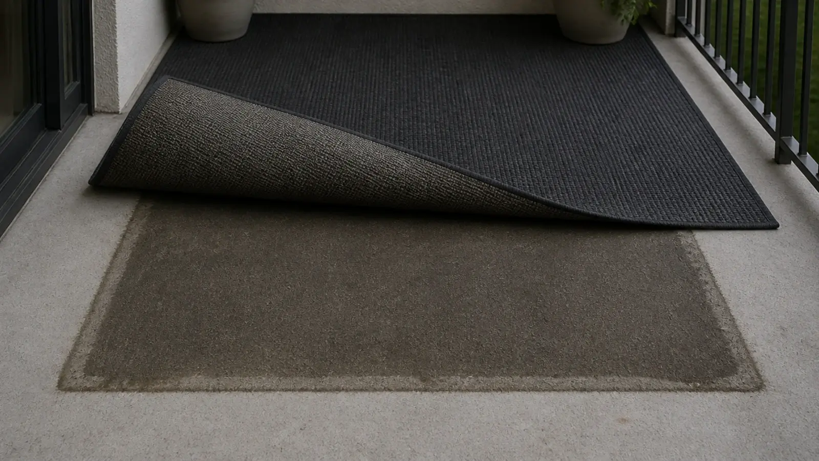 dark water stain on balcony concrete revealed under a lifted rug