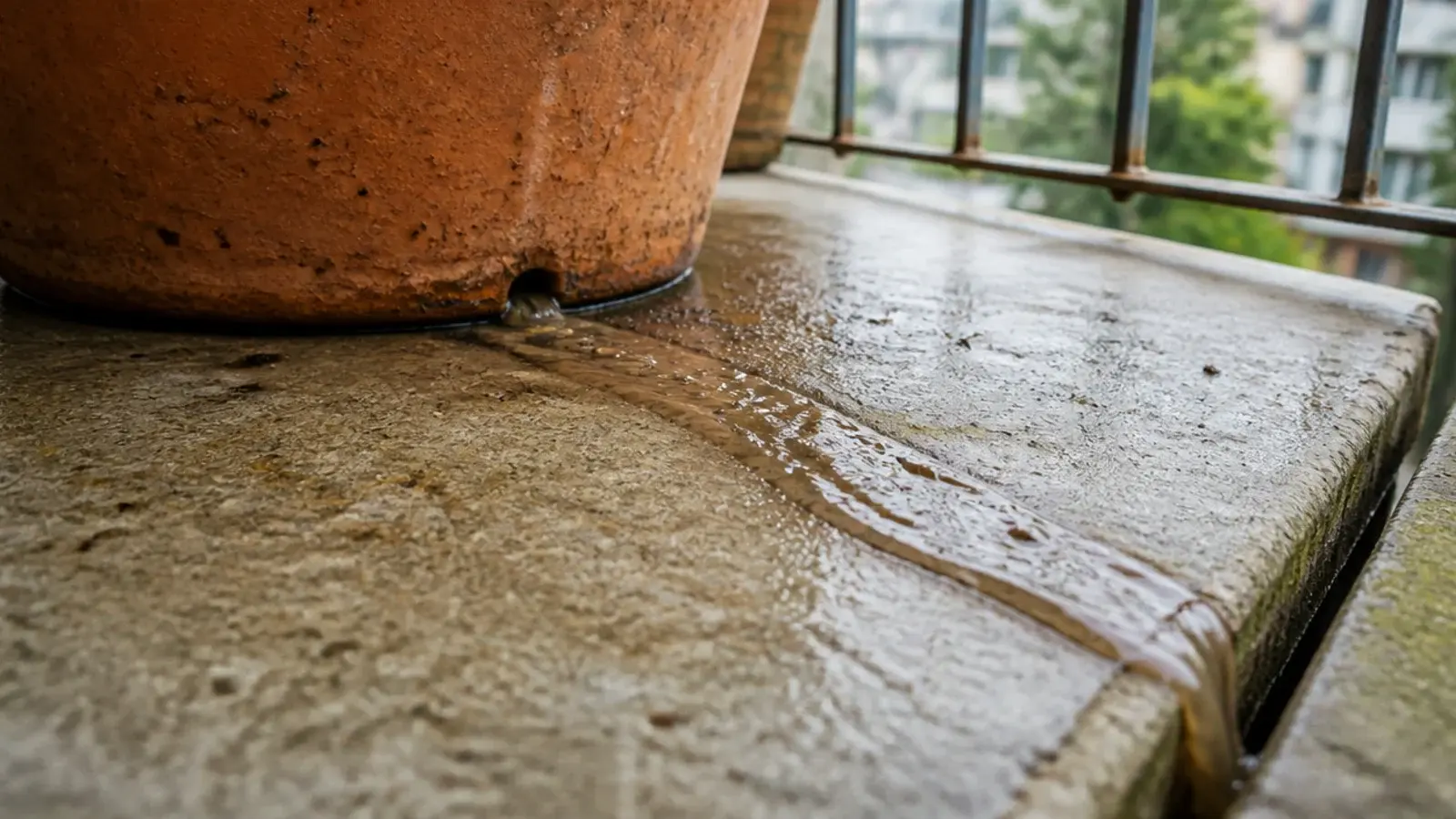 water running from a balcony pot base straight toward the slab edge