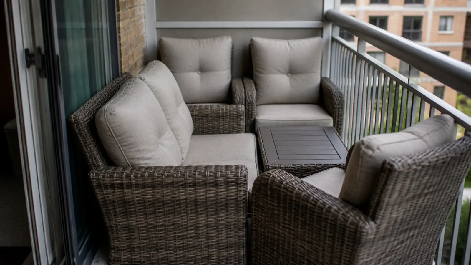 oversized patio set jammed onto a narrow apartment balcony slab