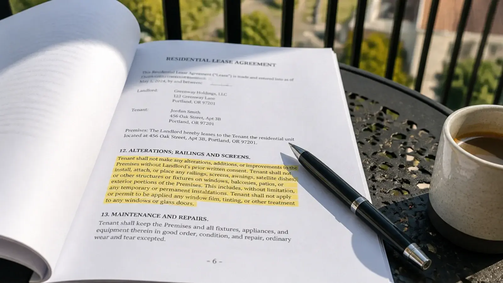 lease document open at a balcony clause on a small outdoor table