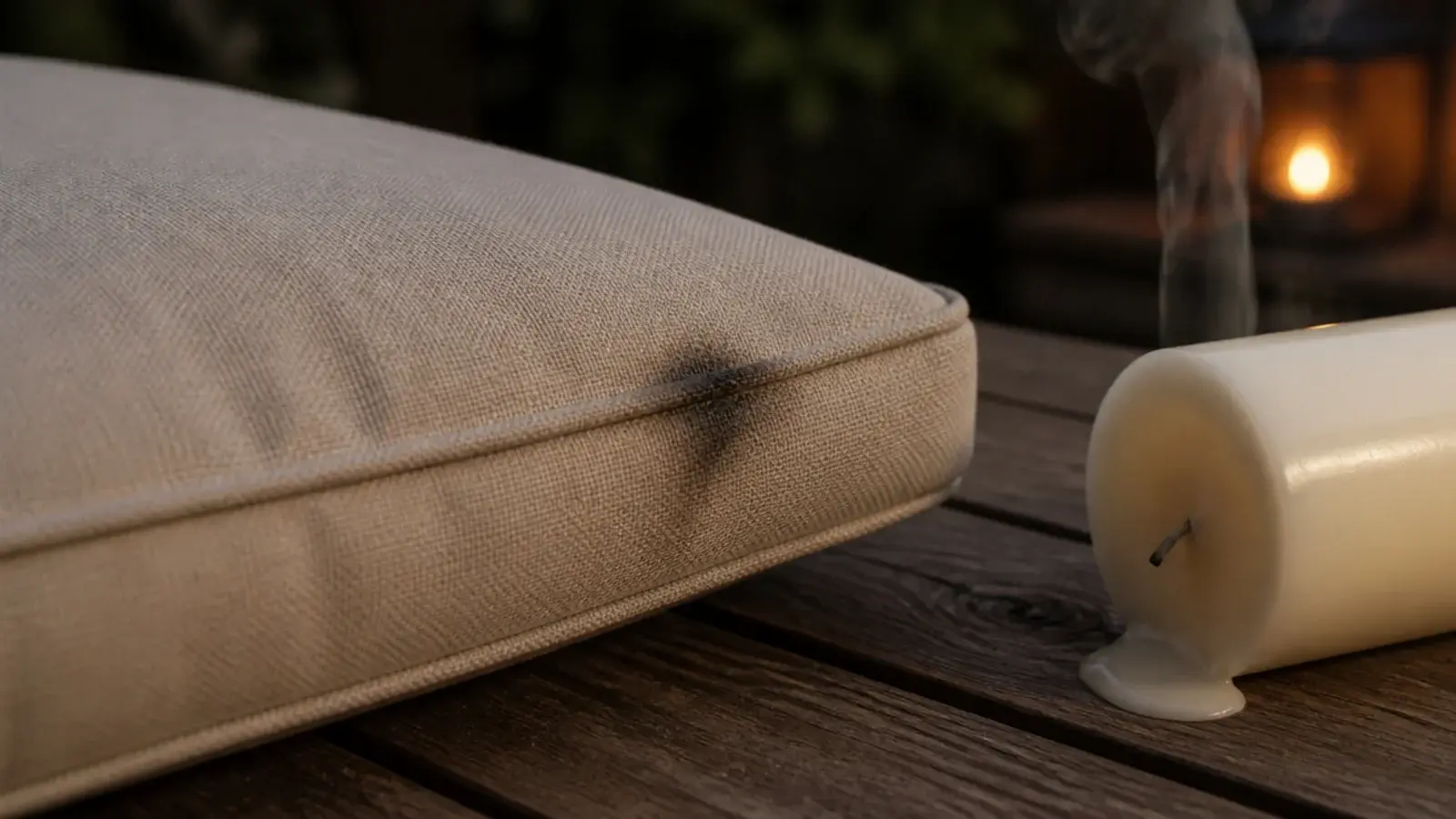 scorched cushion fabric beside an extinguished candle on a balcony
