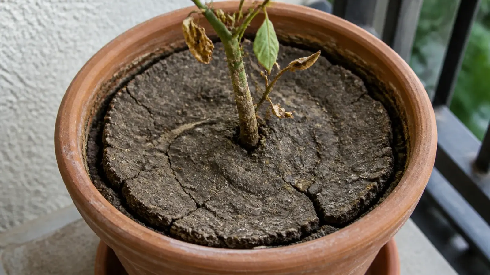 compacted cracked garden soil in a balcony pot pulling from the sides