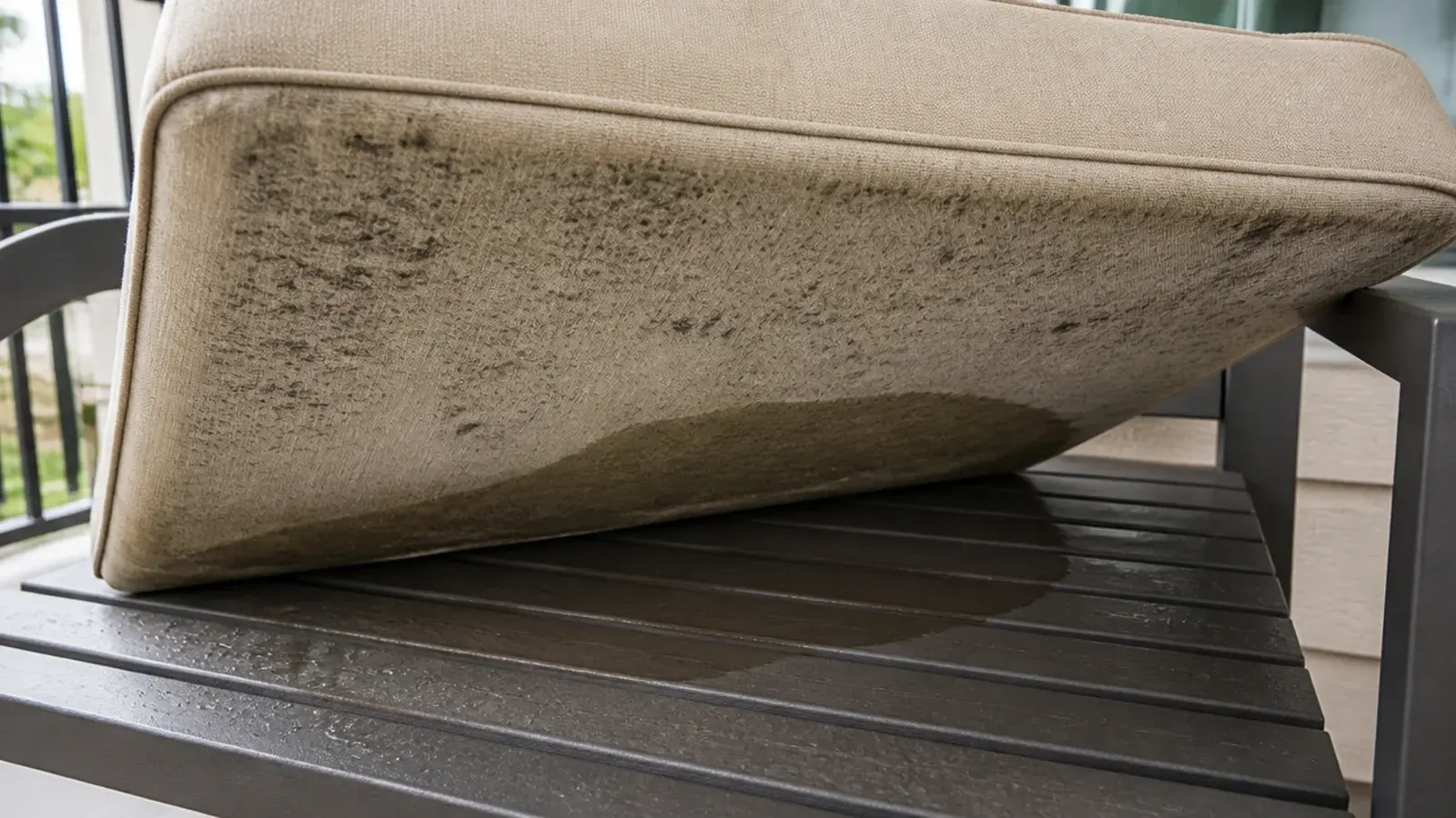 damp outdoor cushion with dark mildew spotting on its underside