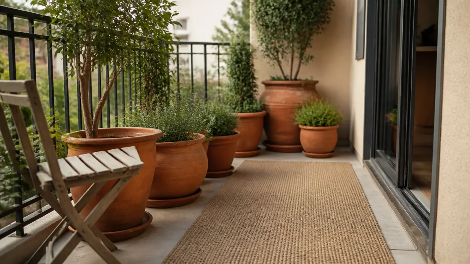 calmly corrected apartment balcony with saucered pots and clear walkway