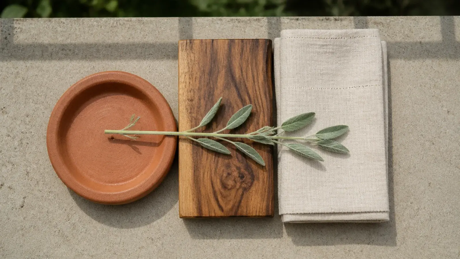 terracotta wood and linen samples arranged together on a balcony floor