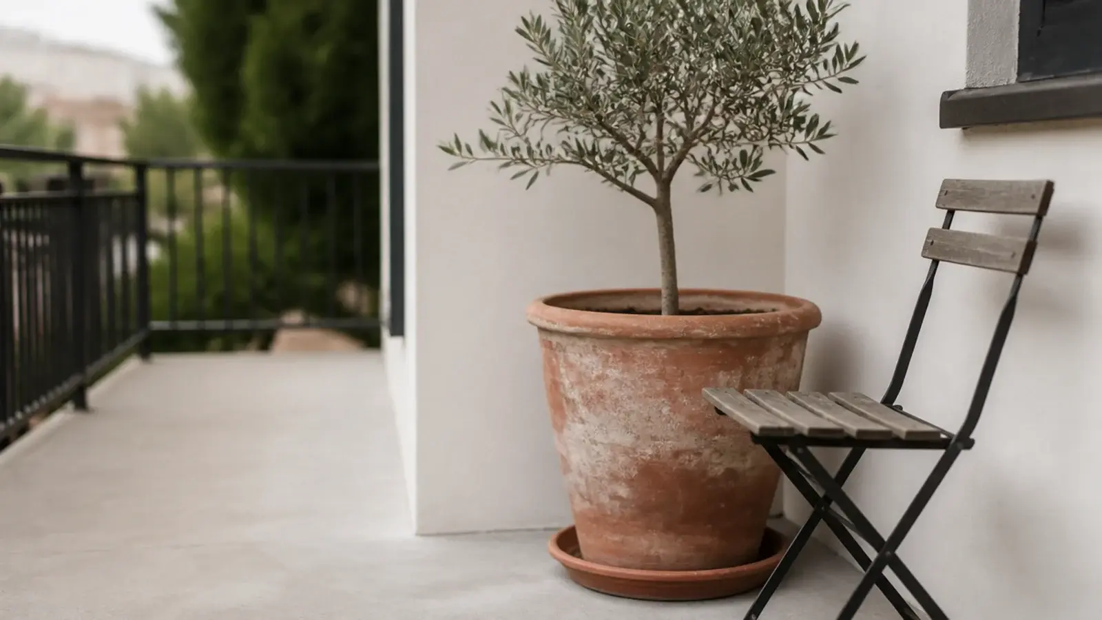 single large planter anchoring a balcony corner beside a folding chair