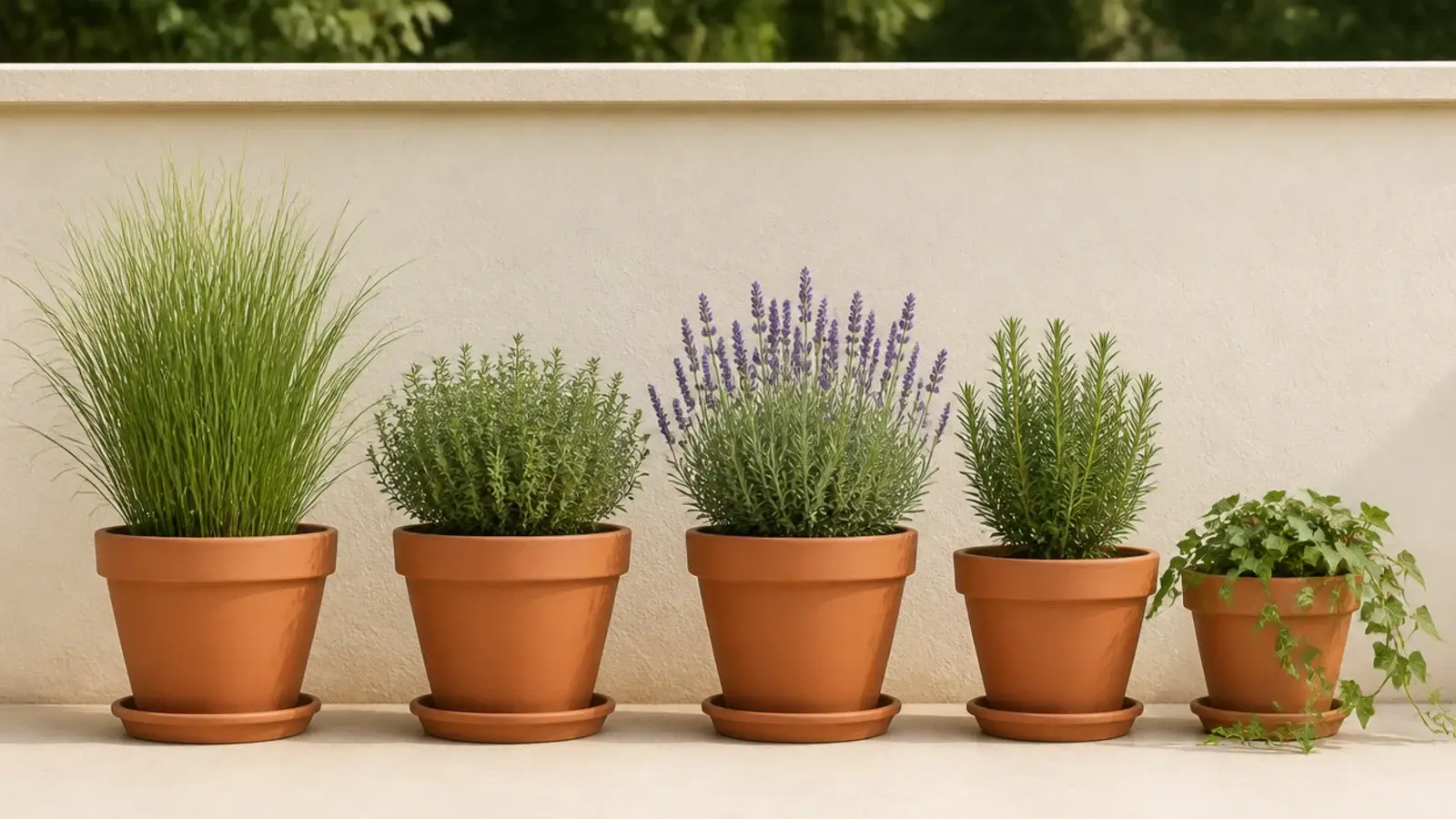 row of identical terracotta pots holding different plants on a balcony