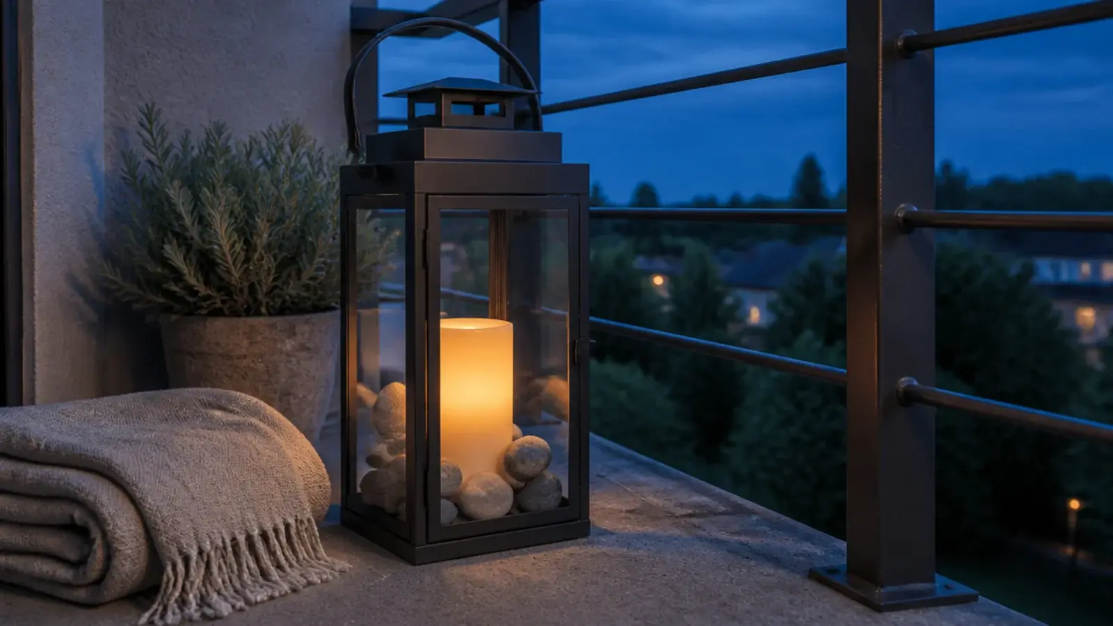 heavy iron floor lantern anchoring the corner of a small balcony