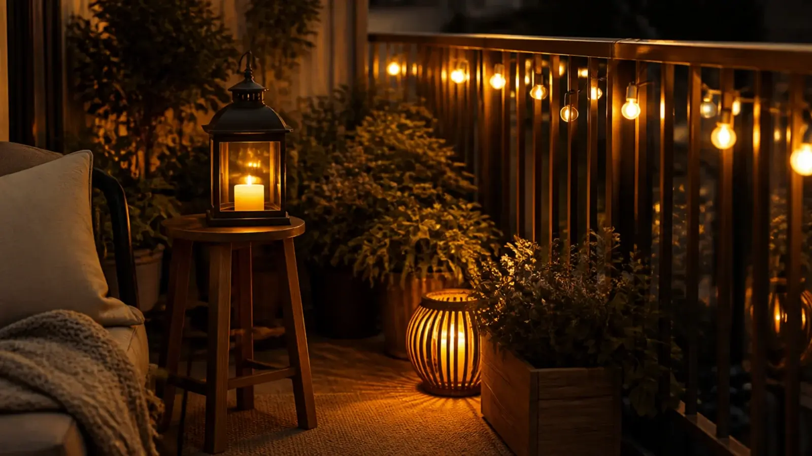 balcony lit by string lights a table lantern and a floor light
