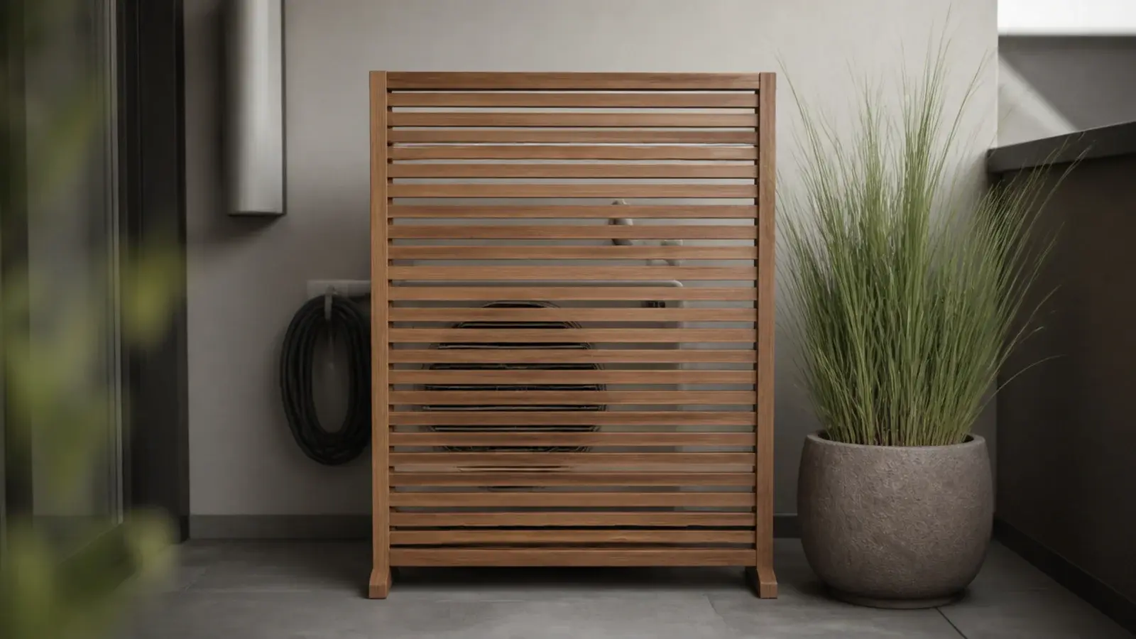 slatted screen concealing an air unit and hose on a balcony