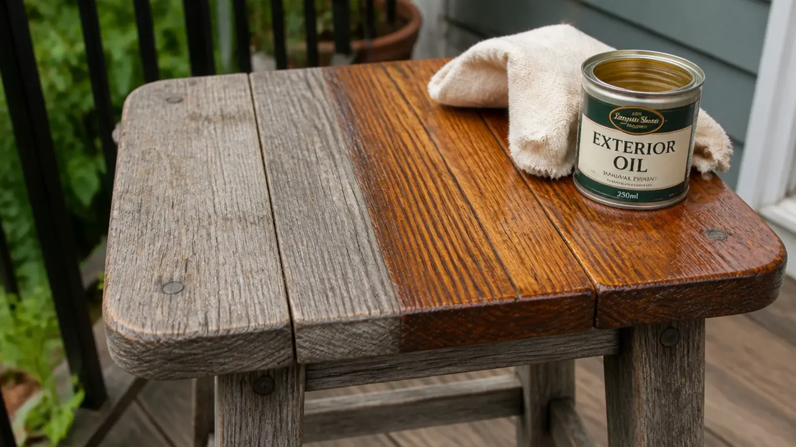 weathered wooden stool half restored with oil on a balcony floor