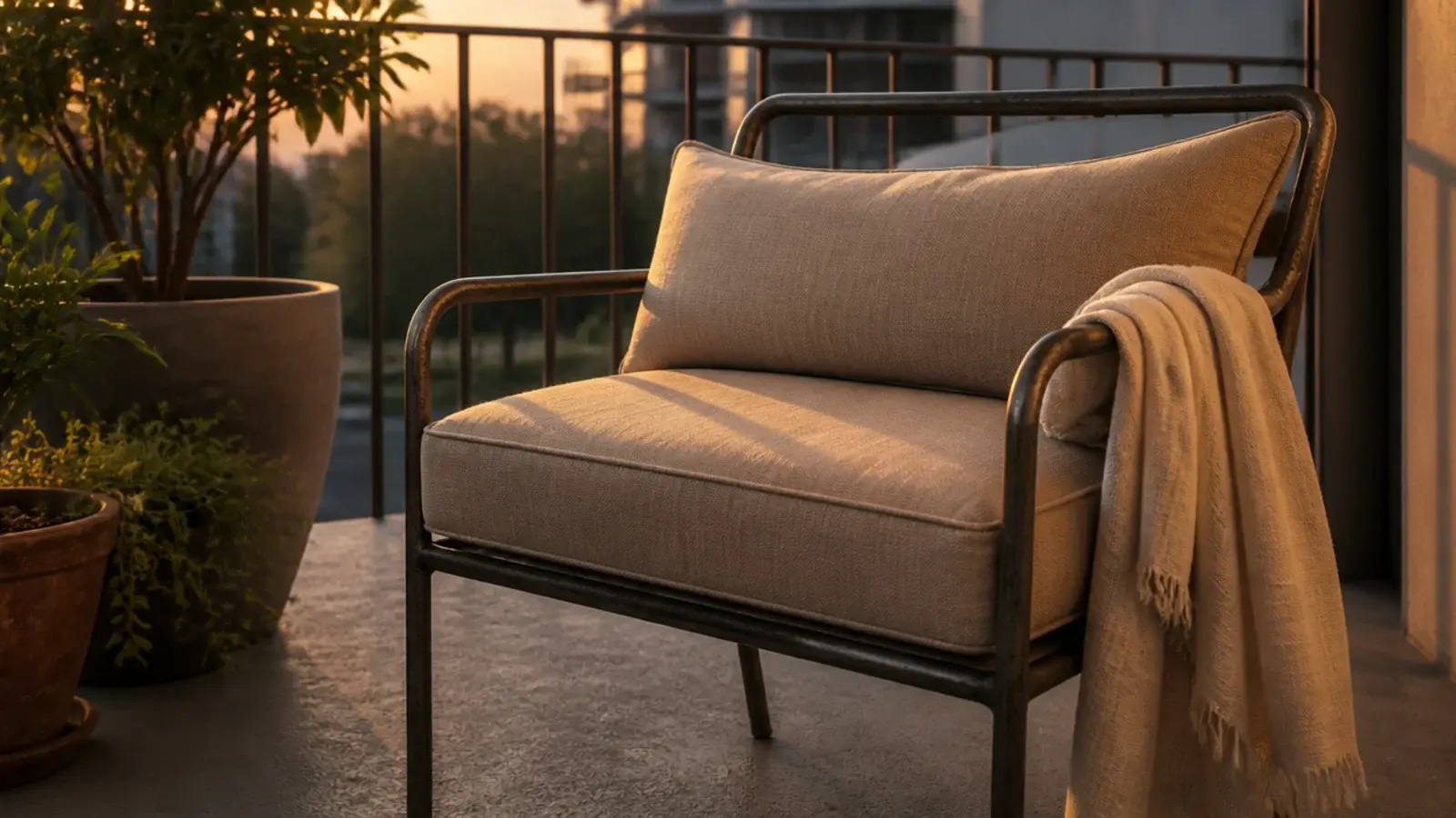 sand outdoor cushions on a plain secondhand balcony chair frame