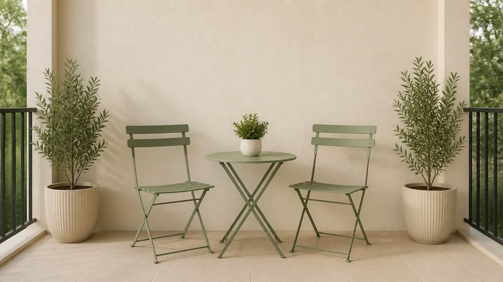 two matching chairs and paired planters arranged symmetrically outdoors
