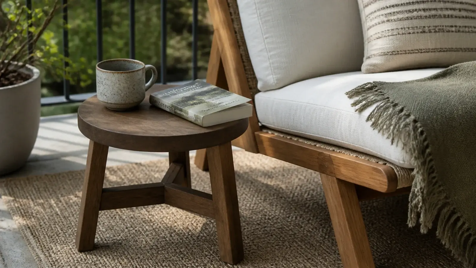 low wooden side table at arm height beside a balcony lounge chair