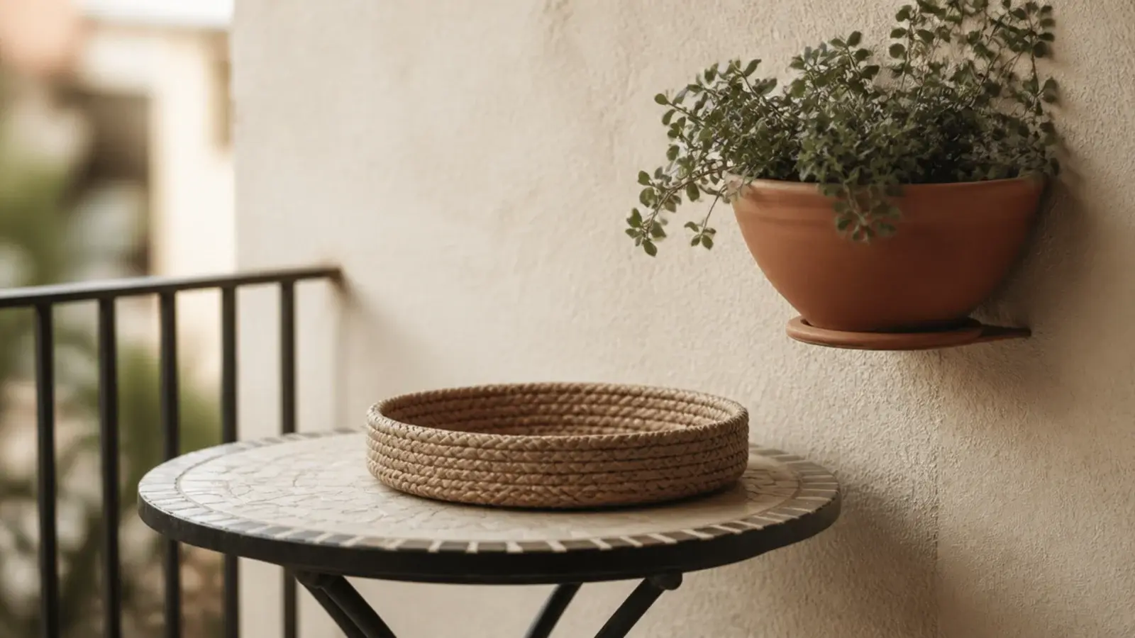 three round forms repeated across a styled balcony corner