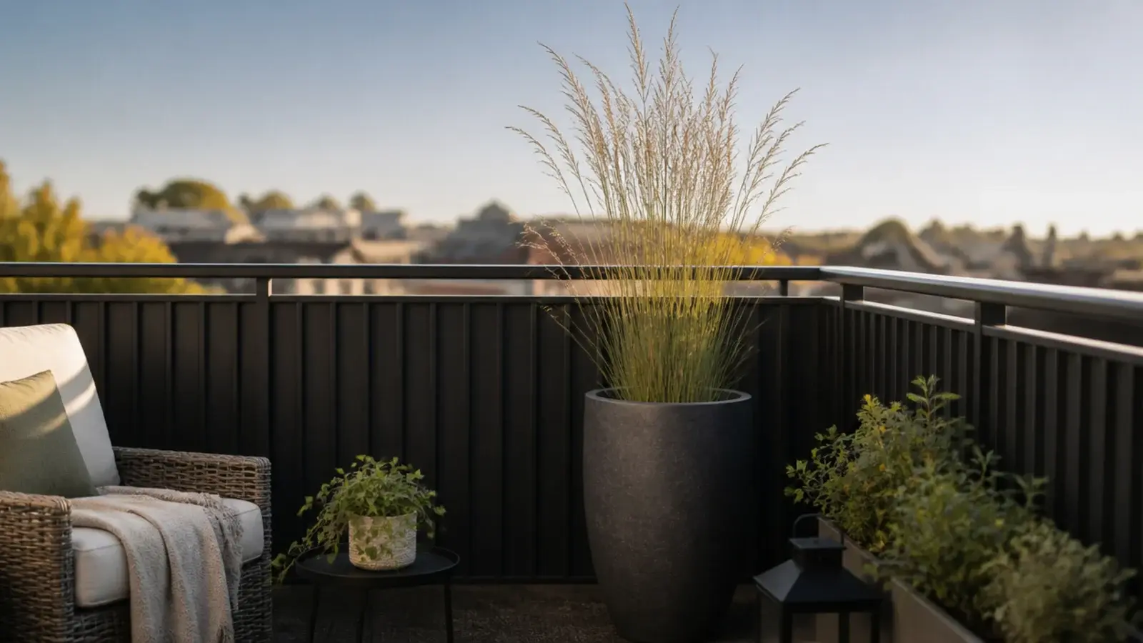 low balcony furniture with a single tall grass breaking the skyline