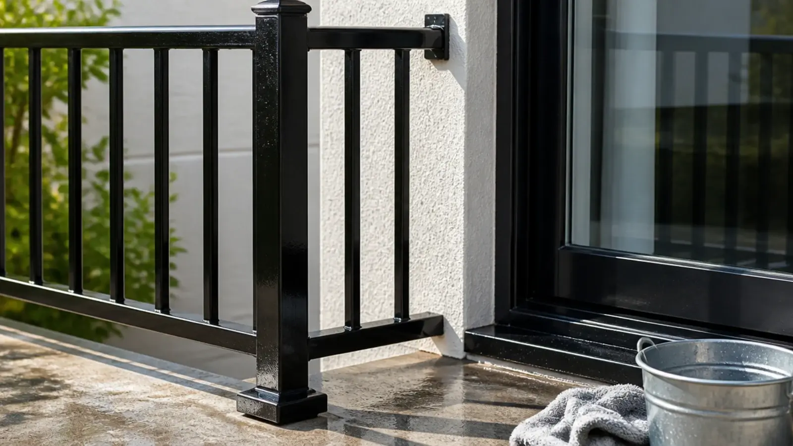 freshly cleaned balcony railing and sliding glass door catching light
