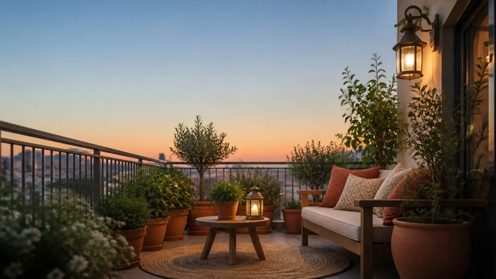 vertical image of a budget apartment balcony styled to look expensive