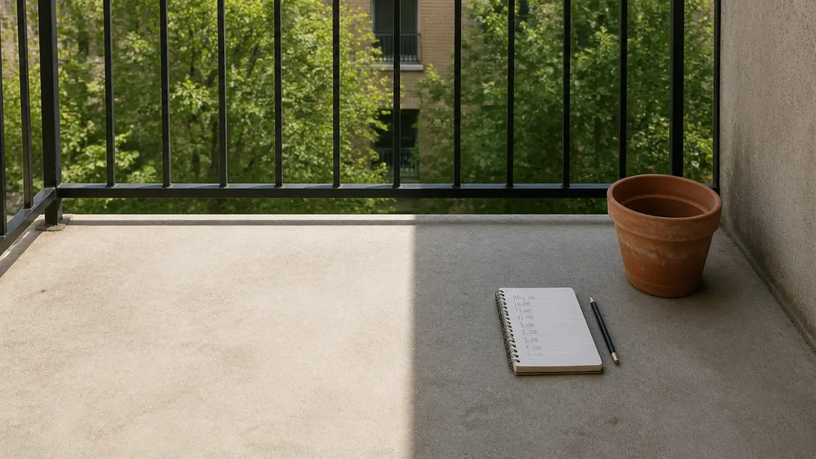 sunlight tracking across an empty balcony slab beside a notebook of times