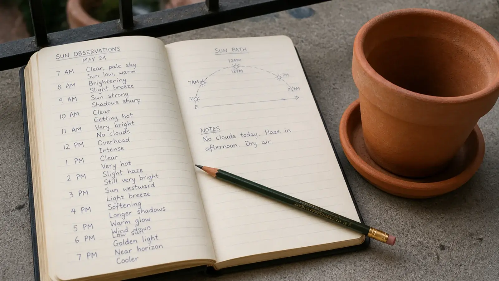 notebook logging balcony sun hours beside an empty terracotta pot