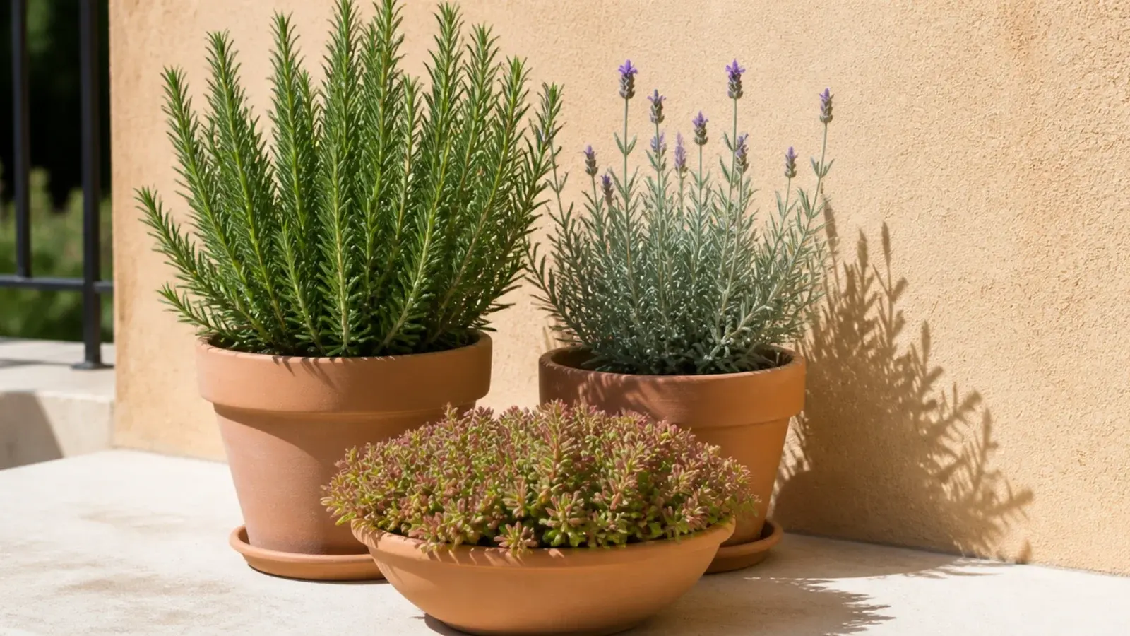 mediterranean herbs thriving in terracotta on a bright sunny balcony