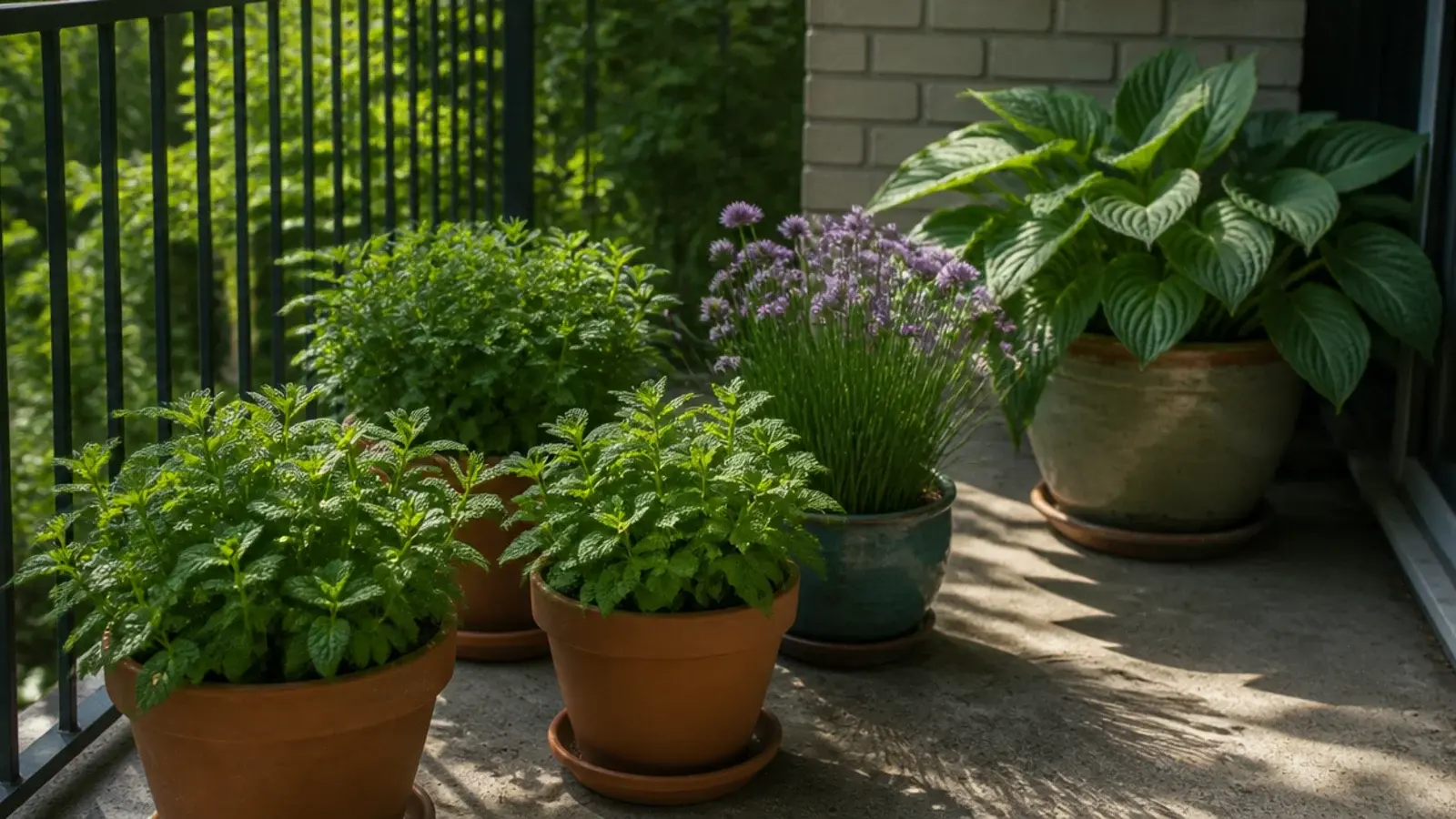 mint chives and hosta growing together in pots on a part sun balcony