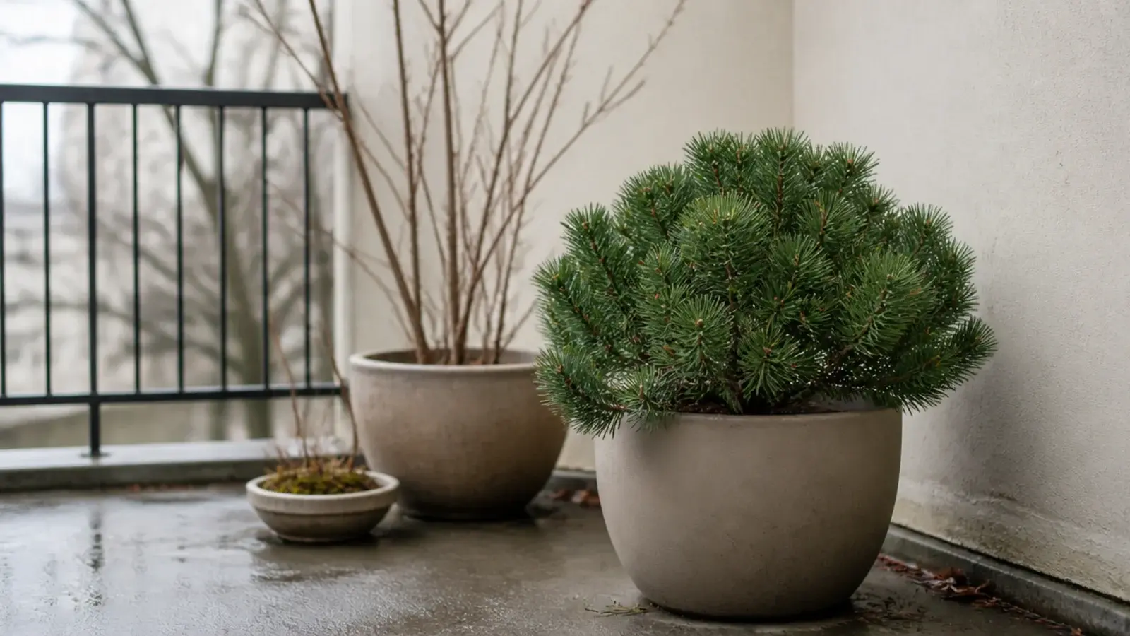 dwarf pine in a large pot anchoring a balcony corner in winter