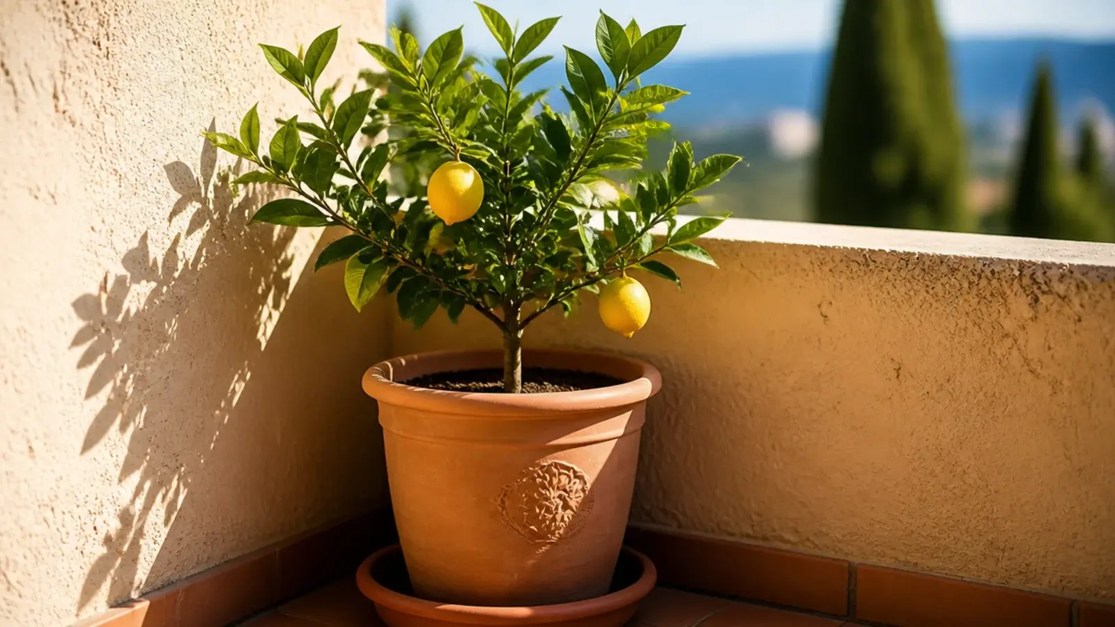 small potted lemon tree in a sheltered sunny apartment balcony corner